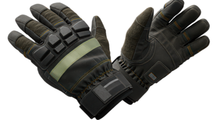 Pair of black tactical gloves isolated on transparent background, designed for protection and grip in demanding situations