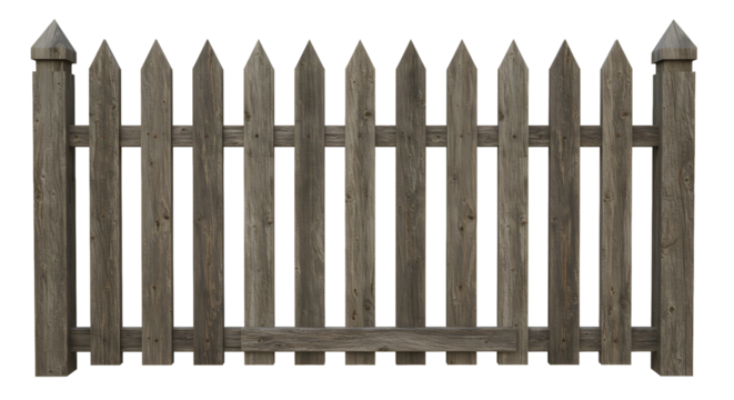 Rustic weathered wooden picket fence adds charming boundary for garden and home exteriors