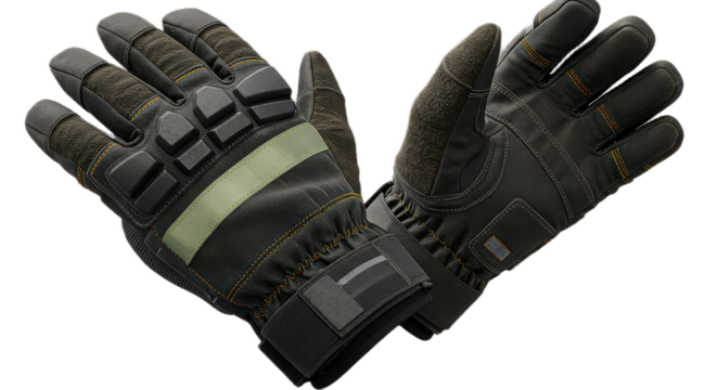 Pair of black tactical gloves isolated on transparent background, designed for protection and grip in demanding situations