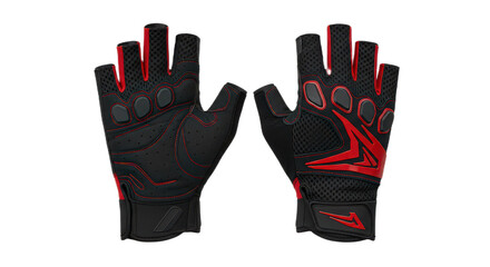 Pair of black and red fingerless gloves isolated on transparent background for cycling or fitness activity