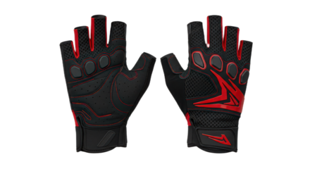 Pair of black and red fingerless gloves isolated on transparent background for cycling or fitness activity