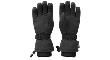 Pair of black winter gloves isolated on transparent background for skiing, snowboarding, and outdoor activities