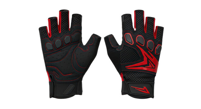 Pair of black and red fingerless gloves isolated on transparent background for cycling or fitness activity
