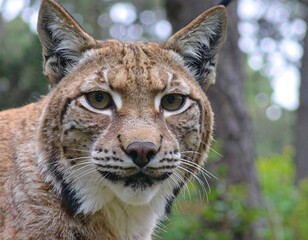 Fototapeta premium Close-up portrait of a lynx, showcasing its striking features and intense gaze in a natural outdoor setting.