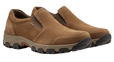 Pair of brown suede leather slipon shoes with lug soles isolated on transparent background, comfortable and stylish