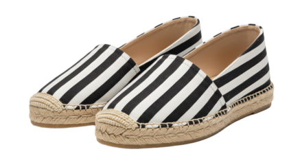 Pair of striped espadrilles isolated on transparent background, stylish summer footwear with jute sole and casual design