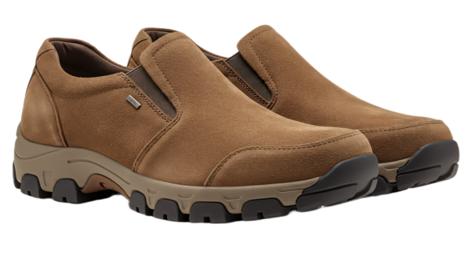 Pair of brown suede leather slipon shoes with lug soles isolated on transparent background, comfortable and stylish