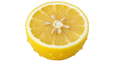 Close-up shot of a juicy yellow lemon half showcasing its textured pulp and bright rind glistening with water droplets for a refreshing look transparent background