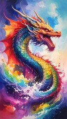 Colorful dragon, rainbow scales, roaring, mythical creature, surging water
