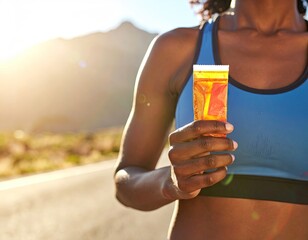 Woman Runner Holding Energy Gel Pack During Outdoor Workout