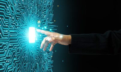 Hand pressing digital switch on futuristic circuit board, symbolizing technology, AI, innovation, and business transformation for modern digital future.
