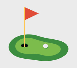 Golf Course Putting Green Vector Illustration,  Flat Design Sports Icon with Hole, Red Flag, and Golf Ball for Web, Mobile App, Tournament, and Recreation Design