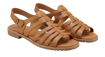 Pair of stylish brown leather gladiator sandals isolated on transparent background, perfect for summer