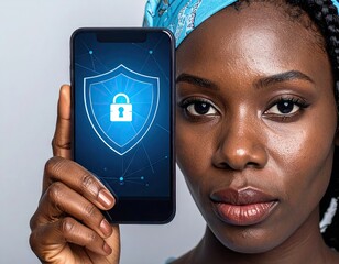 Woman Using Fingerprint Authentication on Futuristic Smartphone