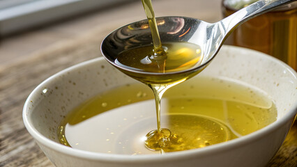 Golden honey pouring from spoon into white bowl, creating smooth and shiny texture with warm natural light