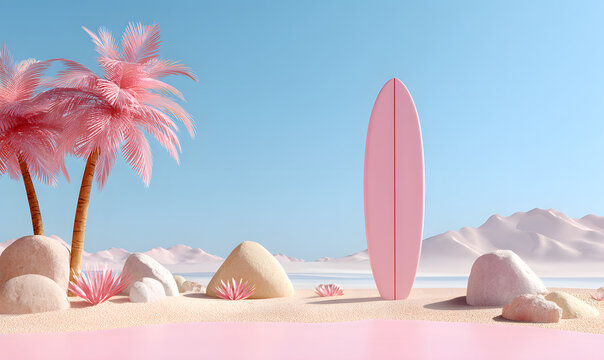 Summer pink vacation beach with Minimal Surfboard, iland, s background concept Realistic Display for Prouct mock-up or Cosmetics wth summer pink theme. minial cute design. 3d renderig