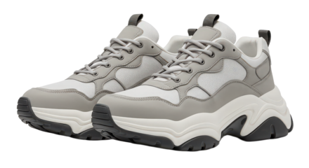 Pair of fashionable chunky sneakers in grey and white isolated on transparent background for active lifestyle