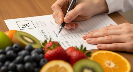 Healthy lifestyle concept with fruits and prescription for balanced diet idea