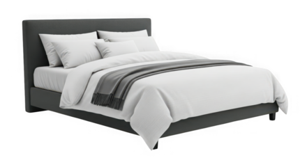 Modern upholstered bed frame with crisp white linens and decorative throw a stylish bedroom furniture piece transparent background
