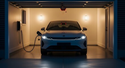 Electric car charging in modern home garage at night - eco-friendly transportation concept