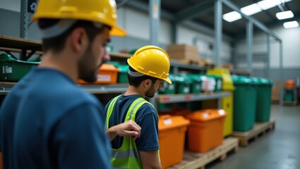 Two warehouse workers in safety gear navigate a brightly lit storage facility, surrounded by various containers.
