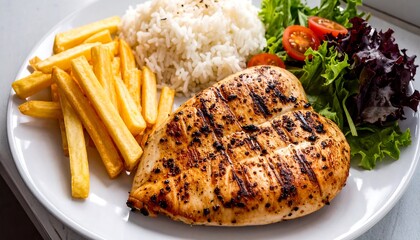 Grilled chicken breast with rice and fries (1)