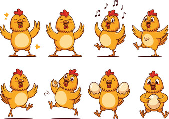 Funny Cartoon Chicken Character Set with Cute Expressions, Dancing, Singing, and Holding Eggs – Farm Animal Vector Illustration