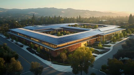 Aerial sunrise panorama of innovative corporate R&D campus with solar roofs, EV charging plaza, landscaped green corridors, and clean upper skyline for modern sustainable urban branding