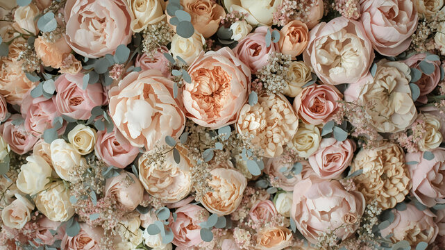 Blush rose & peony flower wall, dense pastel blooms with eucalyptus, luxe wedding backdrop.