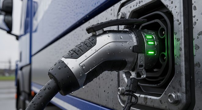 Electric truck charging in rainy weather on a modern industrial site highlighting green energy solutions