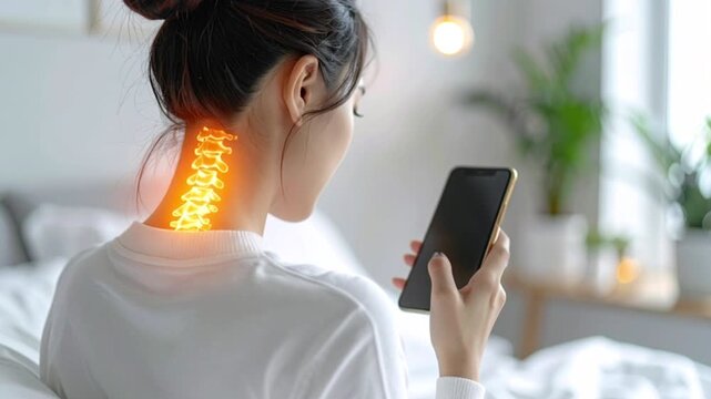 長時間のスマホ使用で女性の首に負担がかかっているイメージ  ストレートネック スマホ首  痛み
