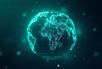 Digital Intelligence Planet visualized as a glowing sphere, intricate network of fiber optic cables forming continents, abstract technology, deep blue and green hues, bokeh effect.