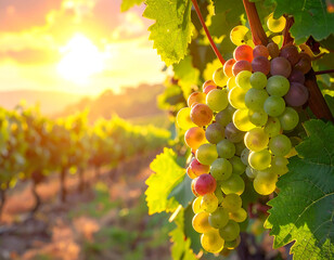 Grape cluster vineyard sunlight green pink ripe fresh natural outdoor harvest