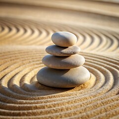 Zen stone tower on raked sand representing balance and tranquility