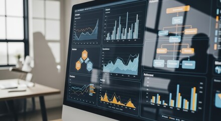 Data analysis dashboard with interactive charts in modern office environment