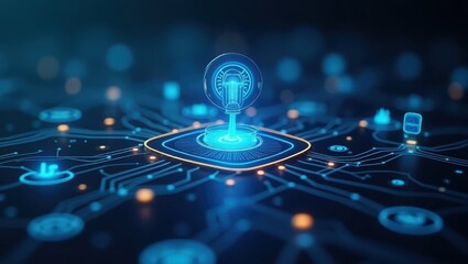 A digital illustration of a technology-based, glowing, 3D icon, highlighting complex circuit board patterns.