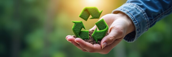 A hand holds a miniature recycling symbol crafted from grass atop a small patch of dirt, evoking a sense of environmental care and sustainability.