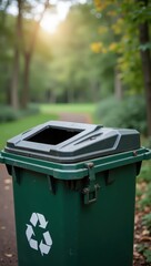 Empty green recycling bin sits in a park setting, showcasing a clear path and dappled sunlight.