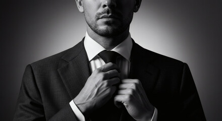Confident man in elegant suit adjusting his tie, portrait of a successful businessman.