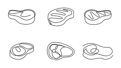 Single line drawing of raw steak collection