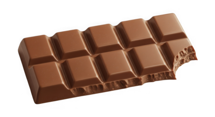 Delicious milk chocolate bar with bite marks revealing rich texture perfect for confectionery content and sweet treat visuals transparent background