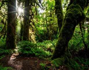 Fototapeta premium Lush forest floor bathed in sunlight (1)