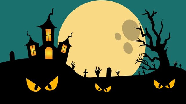 4K Halloween motion graphic with haunted house, flying witch, ghosts, pumpkins, and spooky graveyard under full moon. Perfect for video intro, invitation, party promo, and digital media.