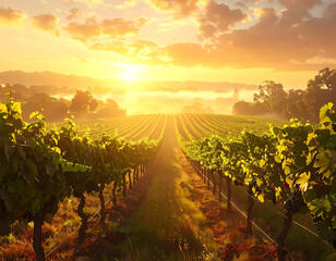 Firefly sunrise over lush vineyard landscape with rows of grapevines glowing warmly under partly cloudy sky