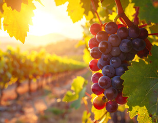 Ripe grape cluster hanging on vine with sunlit vineyard background creating warm golden atmosphere
