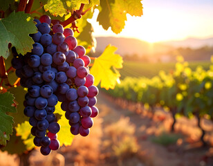 Ripe purple grape cluster hanging on vine with green leaves in vineyard at golden sunset light
