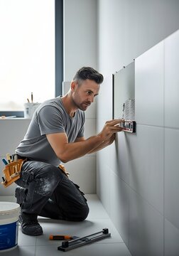 Professional tiler installing ceramic wall tiles with precision in modern bathroom