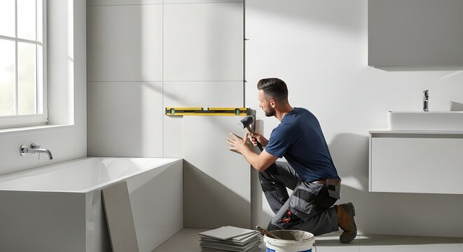 Home renovation concept: man installing bathroom tiles with precision tools