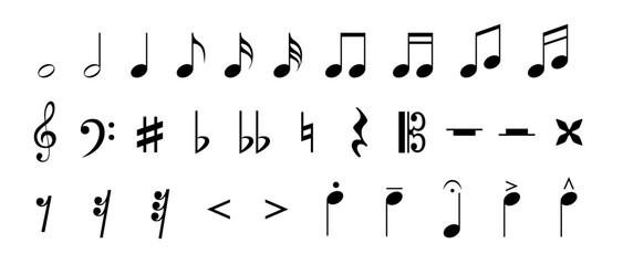 Music notes icon set. Musical key symbol. Treble clef on sheet music. Vector illustration.