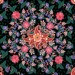 Square seamless pattern with flowers, leaves, berries and paisley on a dark plant background. Ethnic motifs. Vector illustration.